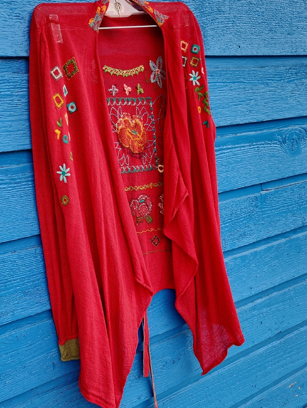 Red Embroidered Open-Front Women's Cardigan Sweater - Picture 3 of 8